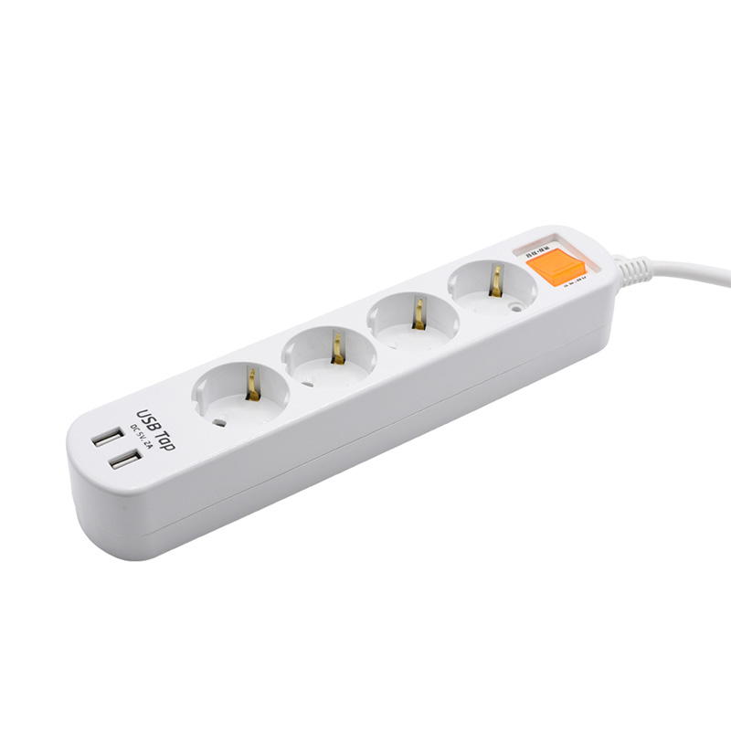Ekonomické 4 zásuvky EÚ Standard Socket s 2 portmi USB a 1 prepínač ochrany preťaženia